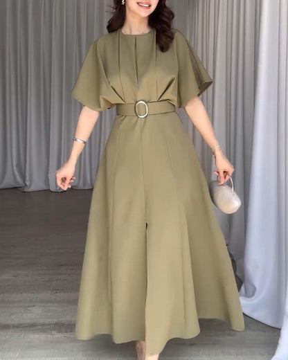 Elegant solid color pleated slit dress casual dresses summer