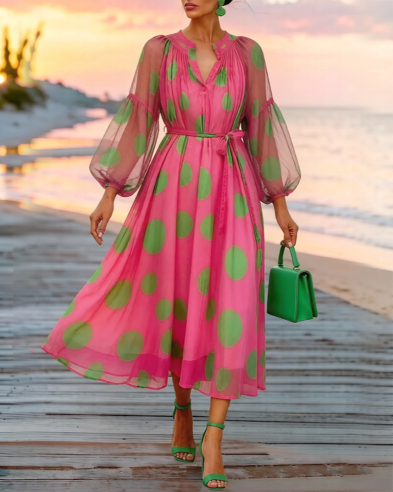 V-Neck Lantern Sleeves Big Polka Dot Dress