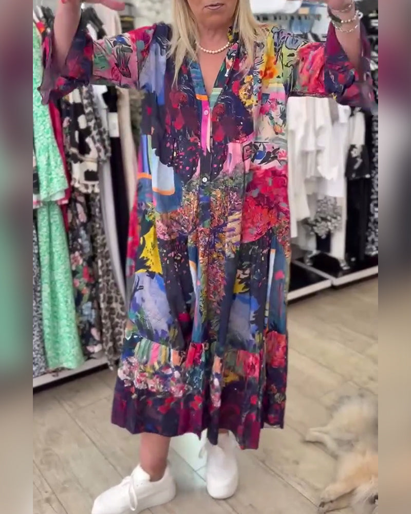 Swing-Kleid mit Trompetenärmeln und lockerem Print