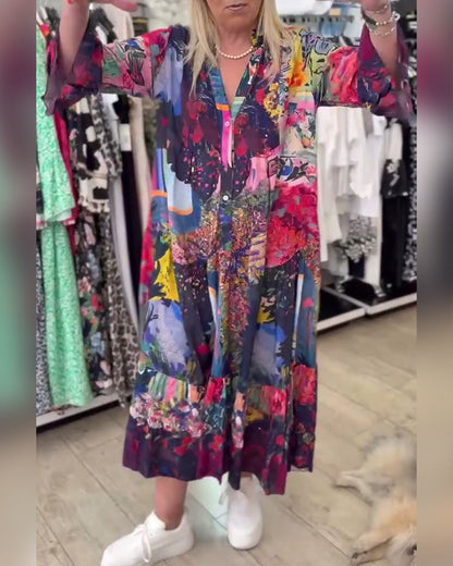 Swing-Kleid mit Trompetenärmeln und lockerem Print