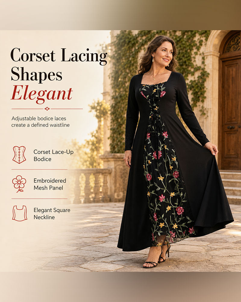 Square Neck Rose Spliced Maxi Dress 2024 f/w casual dresses