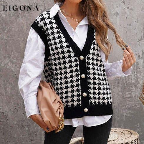 Houndstooth Button Front Sweater Vest Black clothes Ship From Overseas Sweater sweaters T*Y