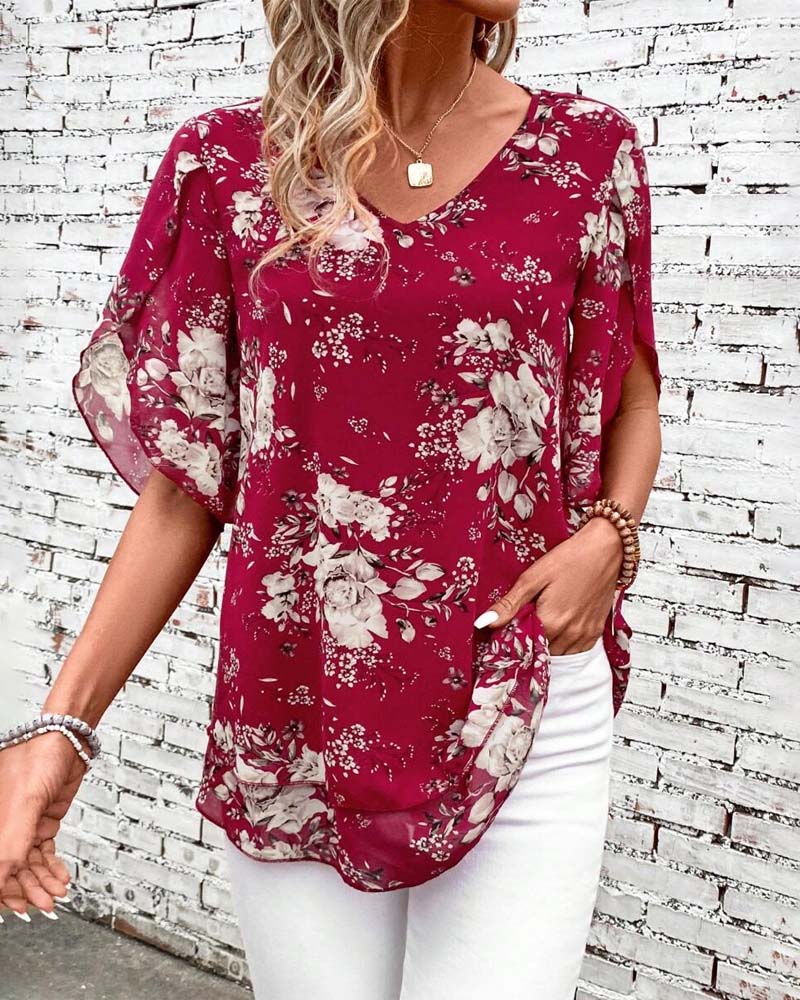 V-Neck Printed Double-Layer Short-Sleeved Blouse