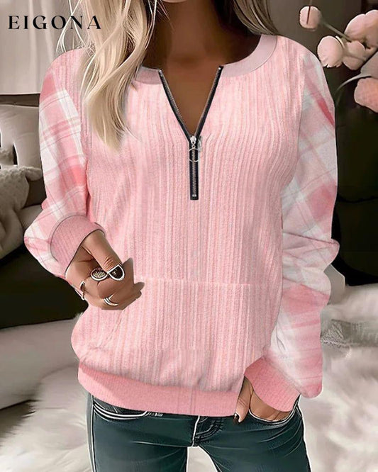 Zipper plaid color block sweatshirt Pink 2023 f/w 23BF cardigans Clothes discount hoodies & sweatshirts spring Tops/Blouses