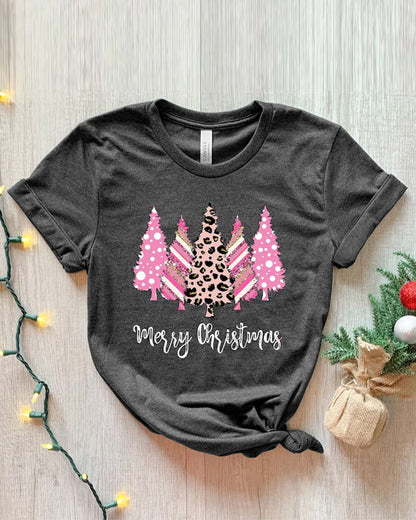 Casual Christmas tree letter print crew neck T-shirt 2024 f/w christmas spring summer t-shirts