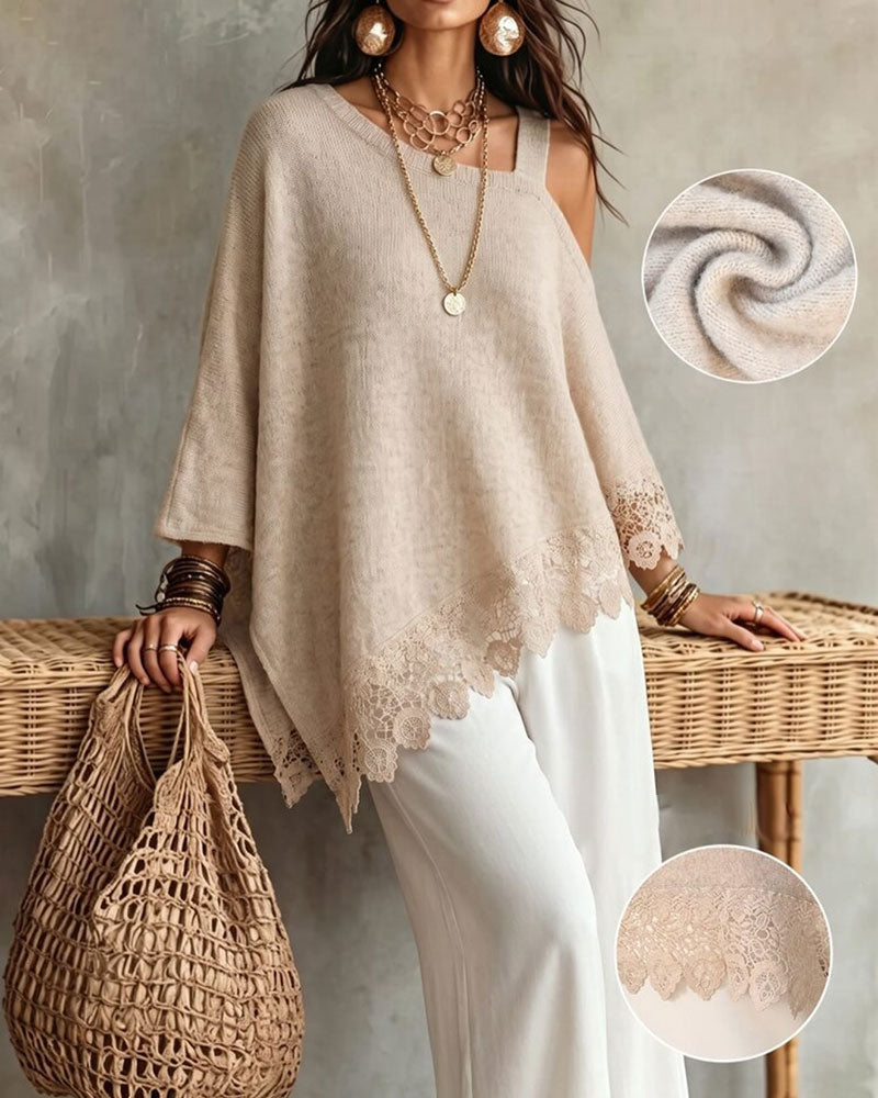 One-Shoulder Lace Hem Patchwork Pullover 2024 f/w pullovers