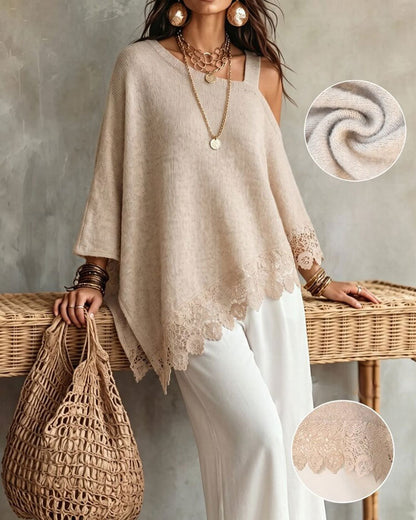One-Shoulder Lace Hem Patchwork Pullover 2024 f/w pullovers