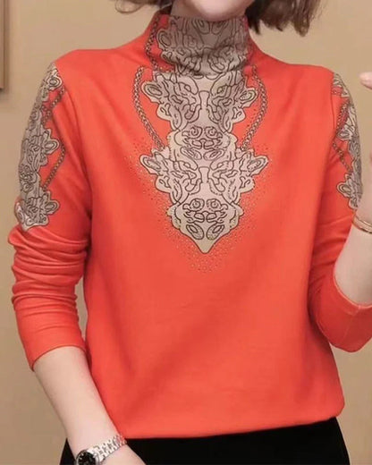 Elegant Printed Fitted Women's Stand Collar Top