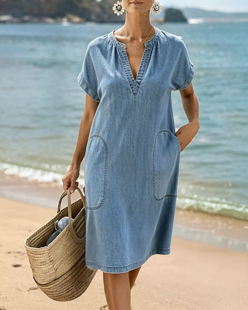 V-Neck Short-Sleeved Pockets Dress