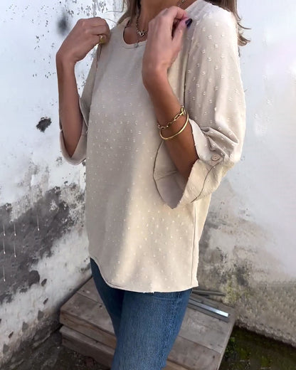 Long-Sleeved Round Neck Solid Color Blouse