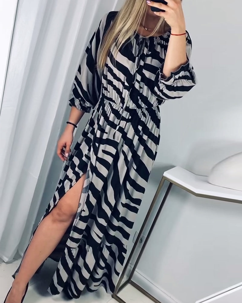 Contrast stripe print slit elegant dress casual dresses spring