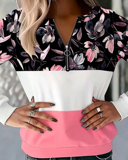 Floral Print Color Block Half Zipper Sweatshirt