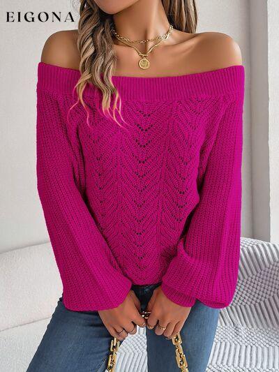Openwork Off-Shoulder Long Sleeve Sweater Cerise B.J.S clothes long sleeve tops Ship From Overseas Sweater sweaters tops Tops/Blouses