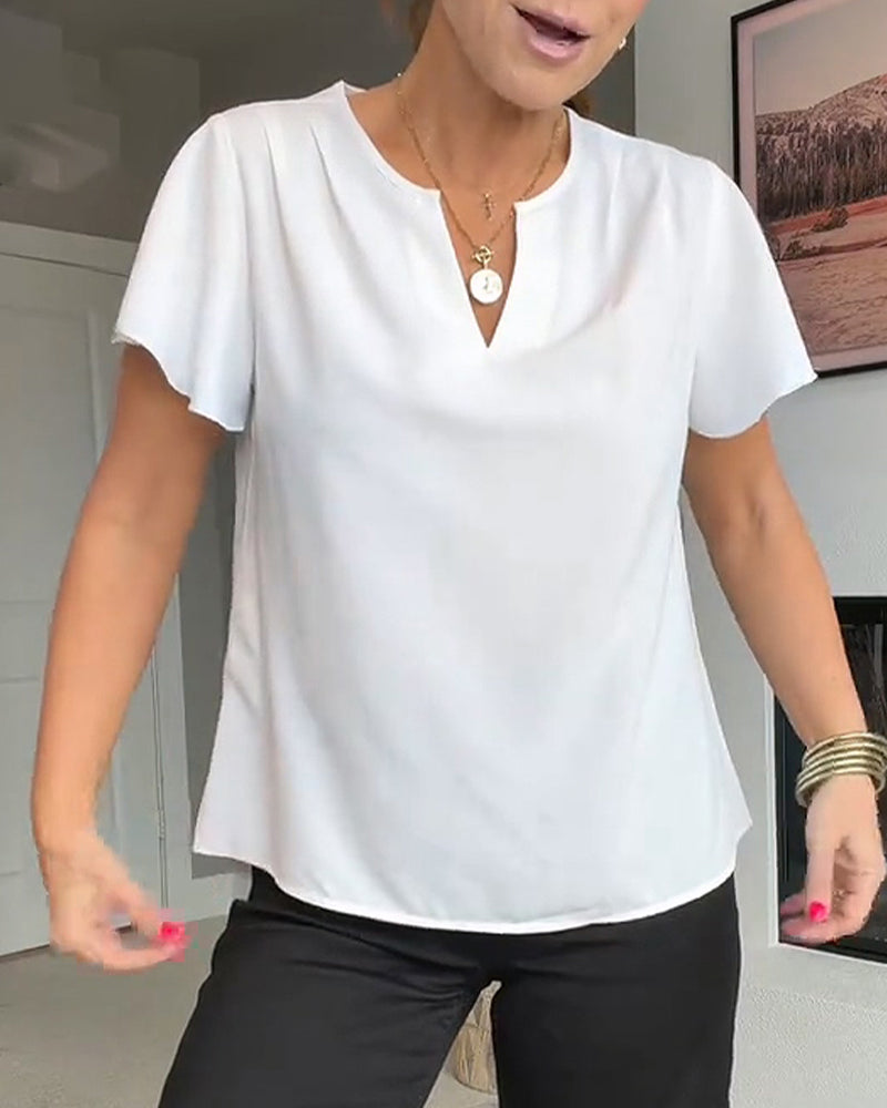 Lotus Leaf V-Neck Solid Color Blouse