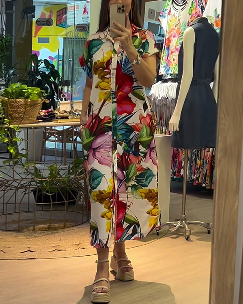 Colorful floral print lapel button dress casual dresses spring summer