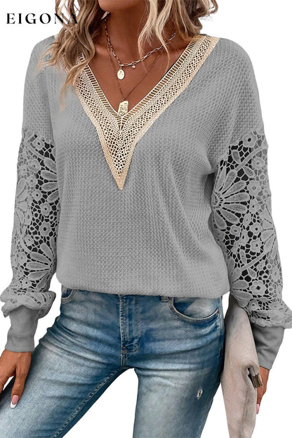 Gray Lace Splicing V Neck Puff Sleeve Top clothes Fabric Lace long sleeve shirt long sleeve shirts long sleeve top long sleeve tops shirt shirts top tops Tops/Blouses