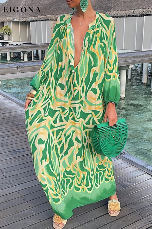 Abstract Print Buttoned Balloon Sleeve Dress Mid Green casual dress casual dresses clothes dress dresses JR maxi dress maxi dresses Ship From Overseas Shipping Delay 09/29/2023 - 10/01/2023