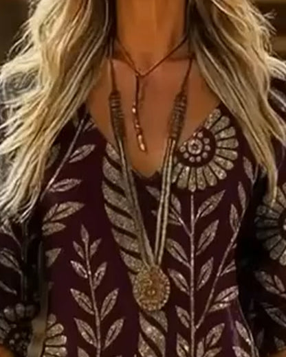 V-Neck Leaf Print Dress