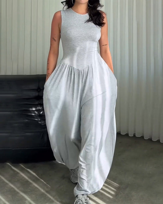 Round Neck Sleeveless Slim Fit Wide Leg Jumpsuit jumpsuits & rompers spring summer