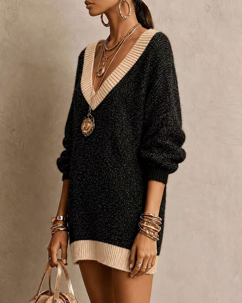 V-neck Long-sleeved Loose Knit Jumper Dress 2024 f/w casual dresses