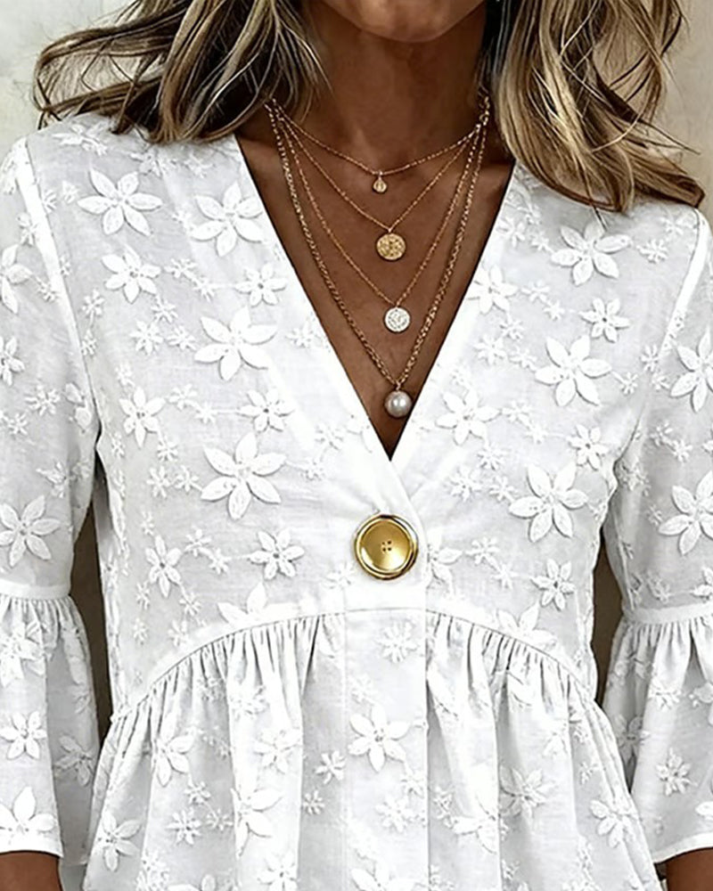 V-Neck Flared Sleeve Cinched Waist Blouse