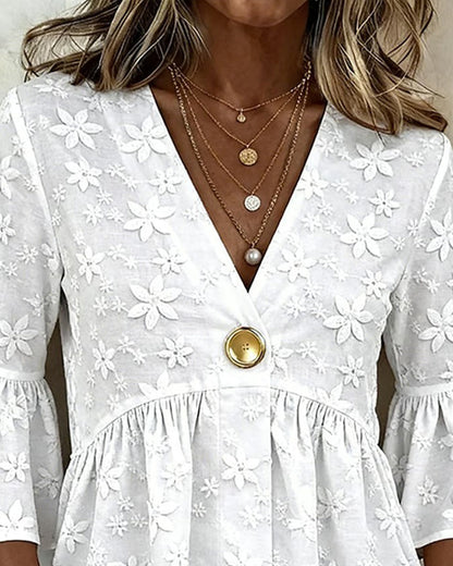 V-Neck Flared Sleeve Cinched Waist Blouse