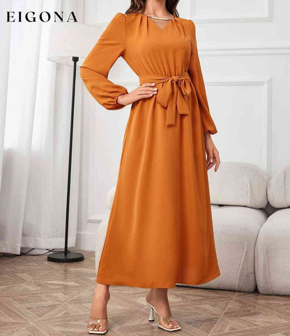 Tie Waist Puff Sleeve Maxi Dress Pumpkin clothes Ship From Overseas Shipping Delay 09/29/2023 - 10/03/2023 Z@Q