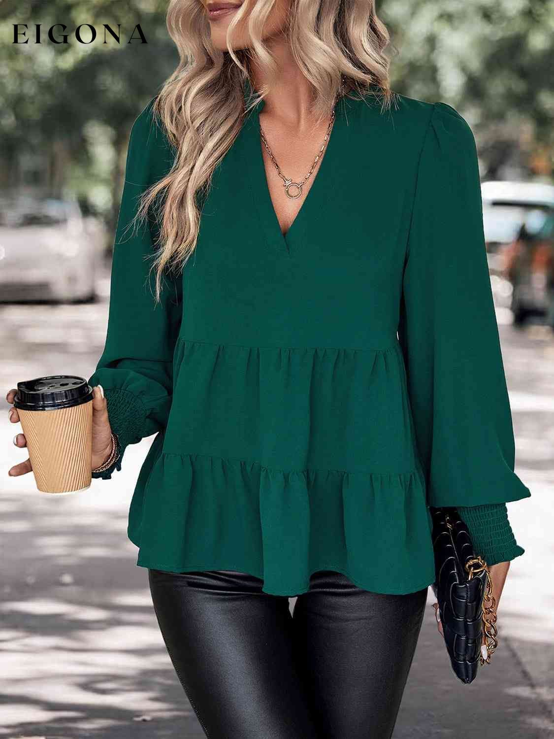 Notched Neck Lantern Sleeve Blouse clothes Hundredth long sleeve shirts long sleeve top long sleeve tops Ship From Overseas shirt shirts top tops