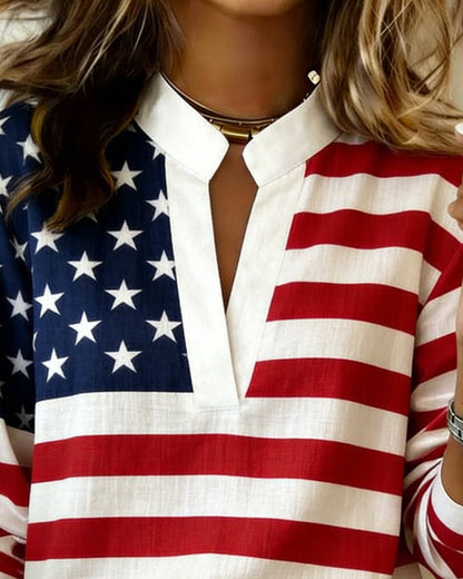 Flag Print Mandarin Collar V-Neck Blouse