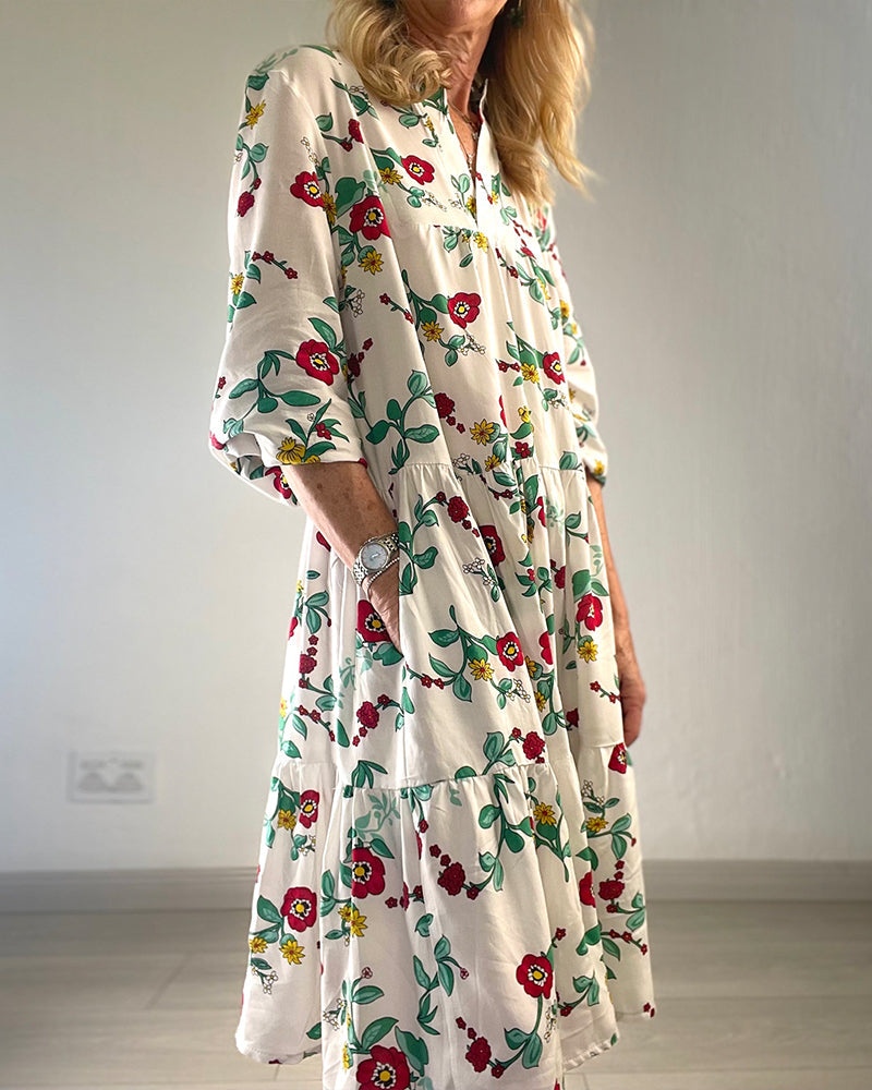 Rose print v-neck pocket elegant dress casual dresses spring summer