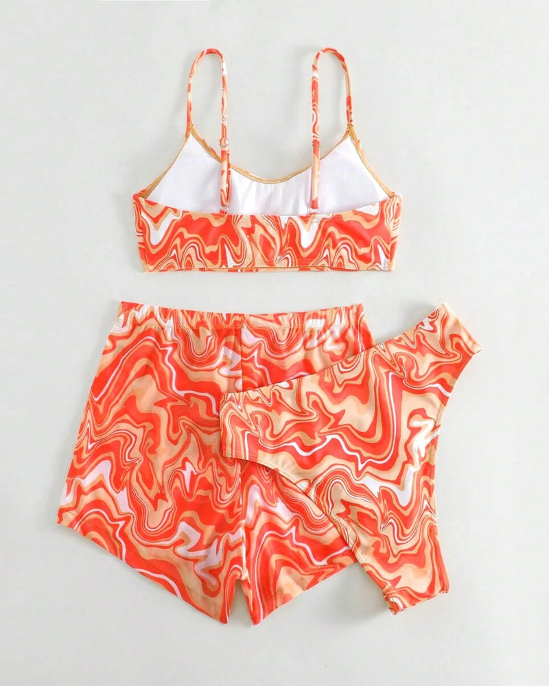 Bikini a tre pezzi con pantaloni da spiaggia stampati con bretelle