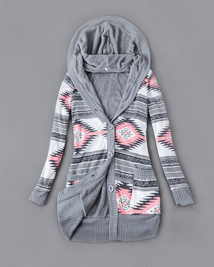 Printed Hooded Button Down Coat