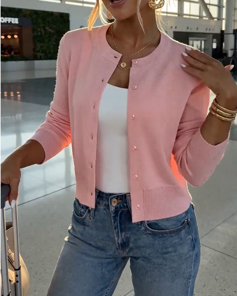 Solid Color Crew Neck Buckle Cardigan