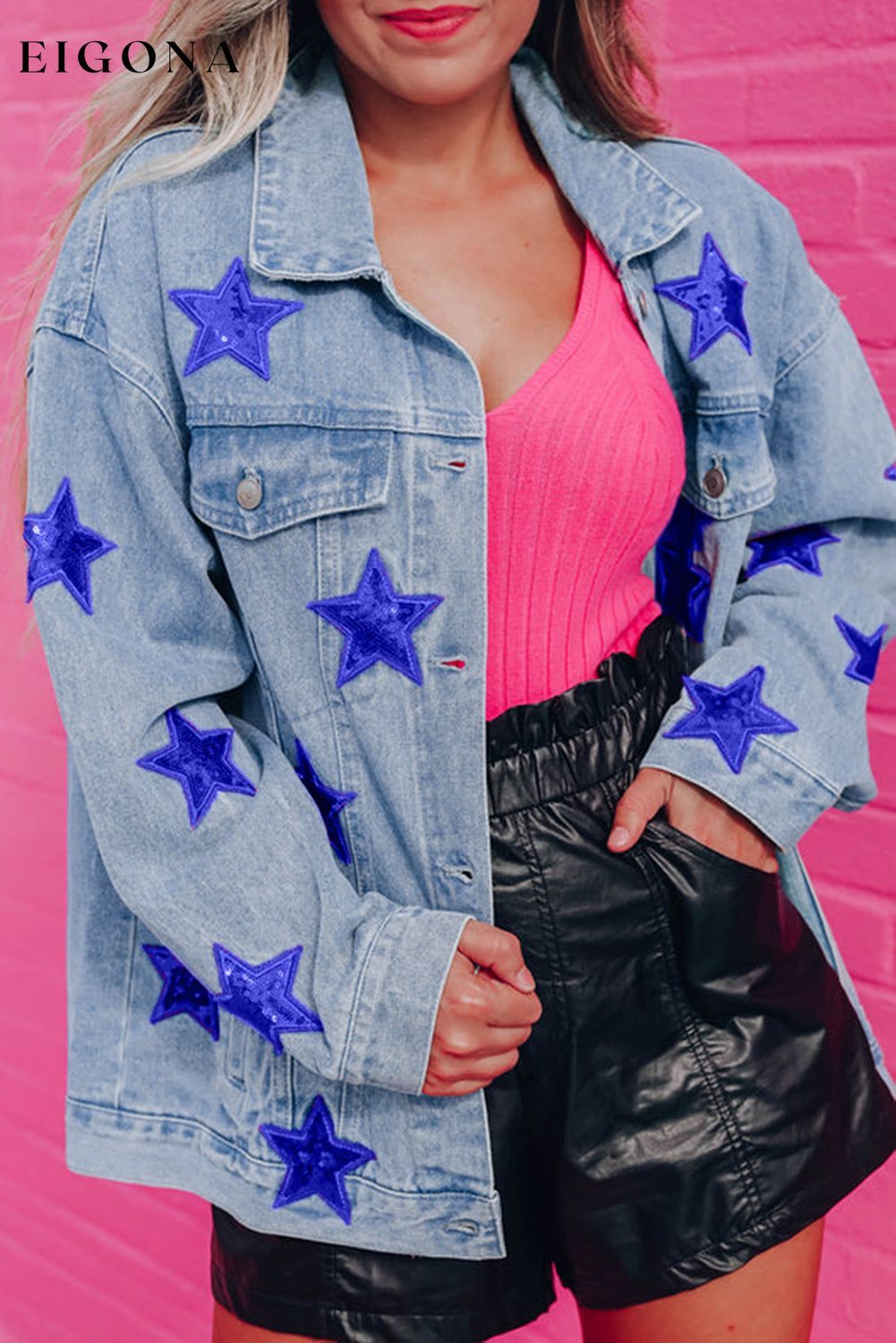 Bluing Sequin Star Flap Pocket Denim Jacket Bluing 75%Cotton+12.7%Polyester+12.3%Viscose All In Stock Category Shacket clothes Color Blue Craft Sequin EDM Monthly Recomend Fabric Denim Hot picks Occasion Daily Season Fall & Autumn Style Western