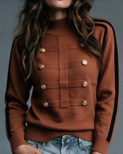 Turtleneck Metal Button Color Block Pullover