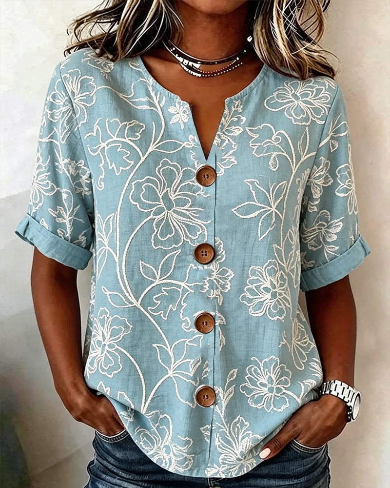V-Neck Peony Print Button Blouse