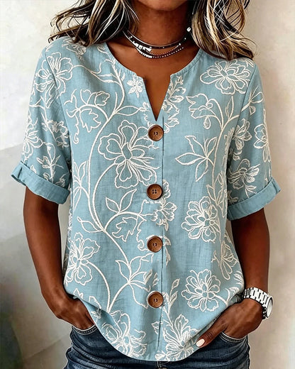 V-Neck Peony Print Button Blouse