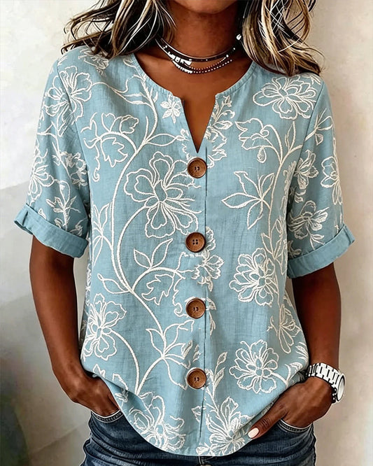 V-Neck Peony Print Button Blouse blouses & shirts spring summer