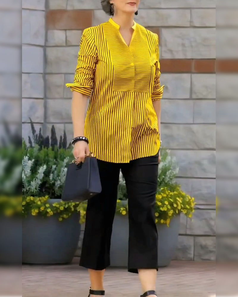 Striped Stand Collar Loose Blouse