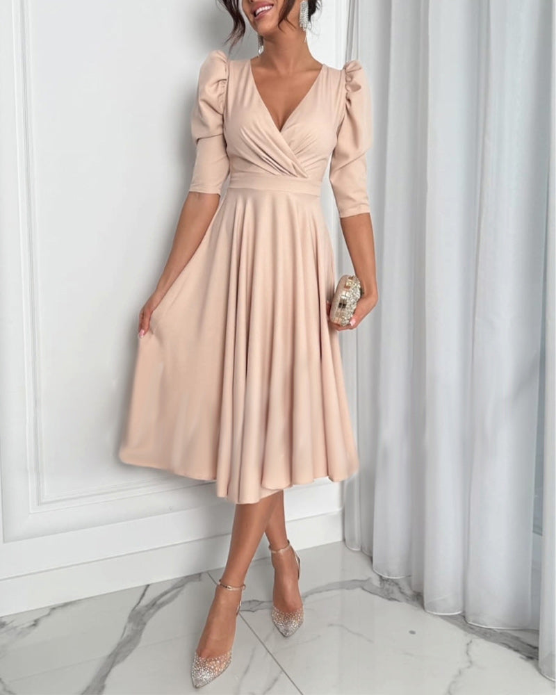 V-Neck Puff Sleeve Waist Dress 2024 f/w casual dresses