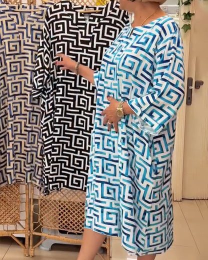 Loose Short Sleeve Geometric Pattern Print Dress