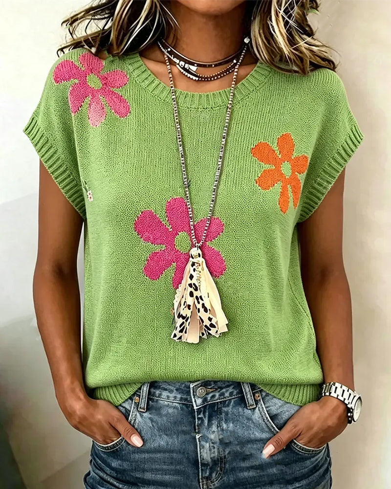 Crewneck Floral Pattern Knit Pullover