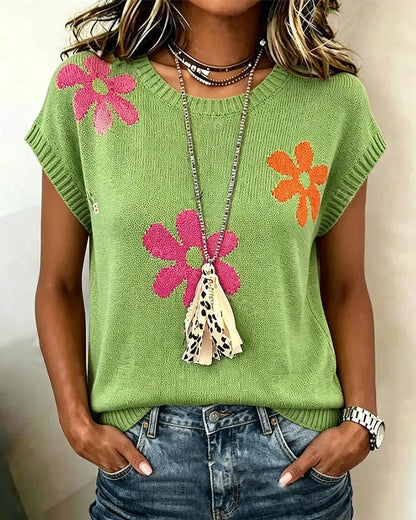 Crewneck Floral Pattern Knit Pullover