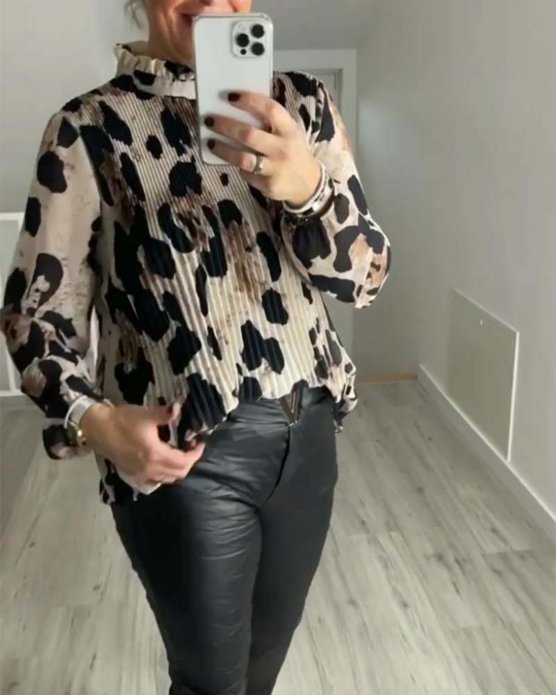 Casual printed stand-up collar long sleeve pleated blouse blouses & shirts spring summer