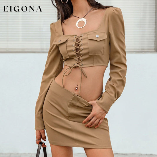 Lace-Up Cropped Top and Skirt Set Tan 2 piece B@H@S@D clothes crop top croptop sets Ship From Overseas Shipping Delay 09/29/2023 - 10/04/2023 ShippingDelay 09/29/2023 - 10/04/2023 skirts