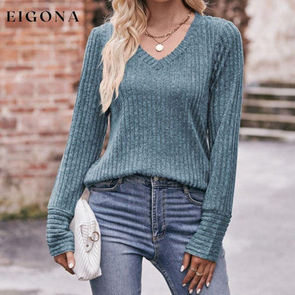 Double Take V-Neck Long Sleeve Ribbed Top Misty Blue clothes Double Take long sleeve shirt long sleeve shirts long sleeve top long sleeve tops Ship From Overseas shirt shirts top tops