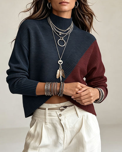 Turtleneck Contrast Color Long Sleeve Pullover