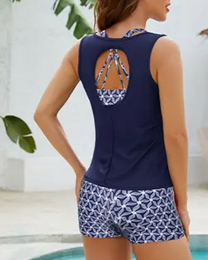 Crewneck Sleeveless Geometric Print Boy Shorts Tankinis