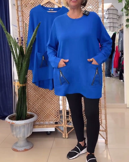 Felpa con scollo tondo e tasca con cerniera tinta unita