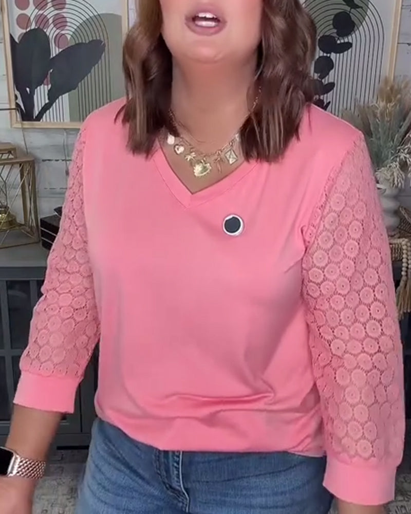 Three-Quarter Sleeve Lace Panel V-Neck Blouse